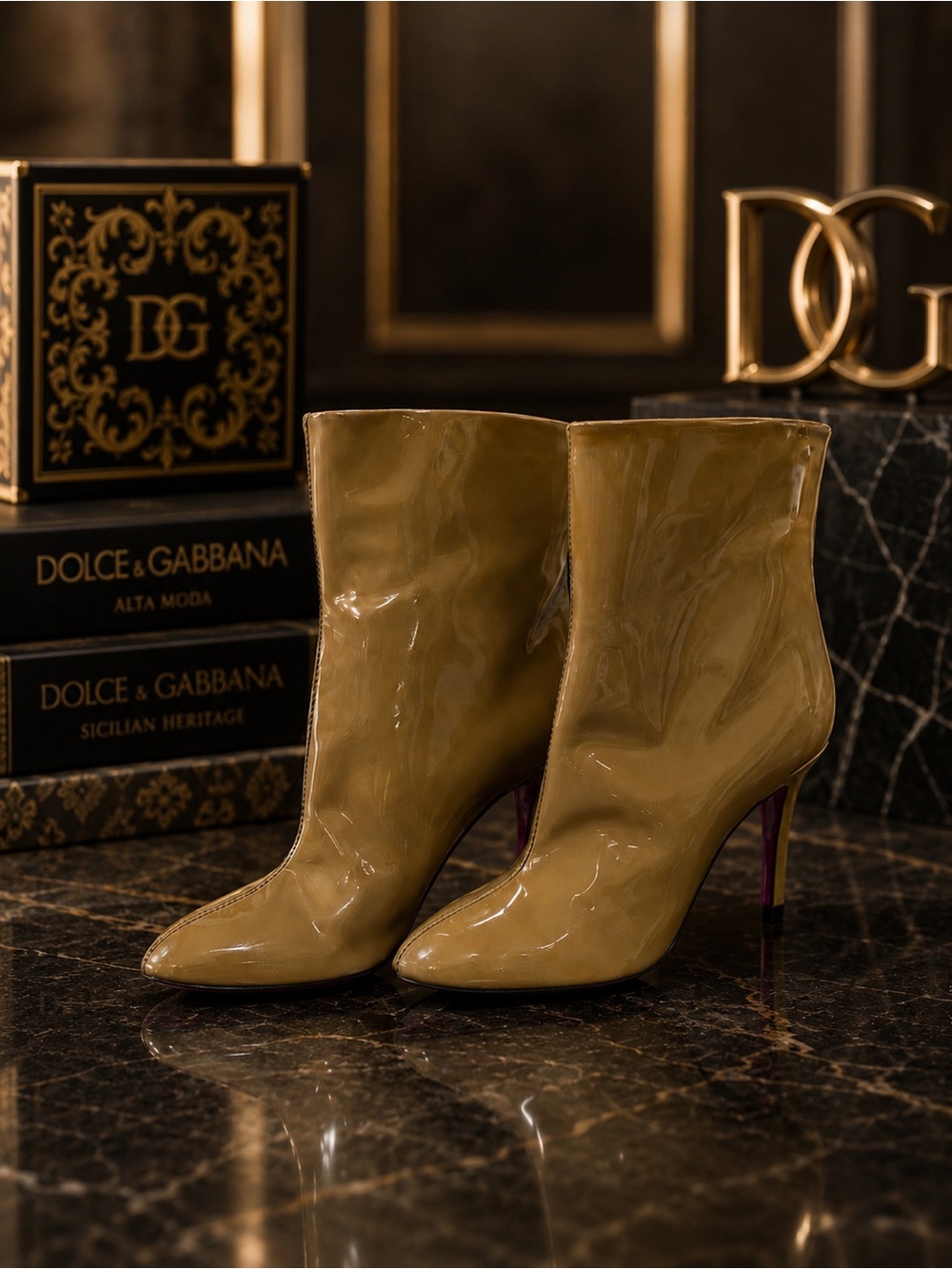 Dolce & Gabbana Olive Green Patent Leather Ankle Boots Pink Sole Heels EU 36